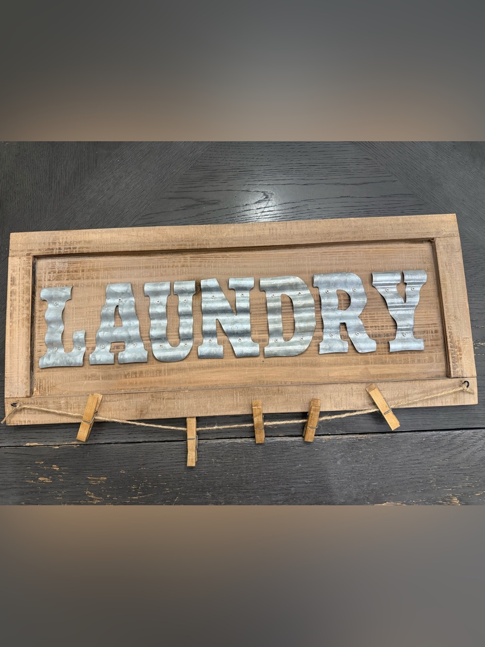 Laundry Wall Sign with Metal Letters and Clothespin Hooks - Rustic Brown
24x10